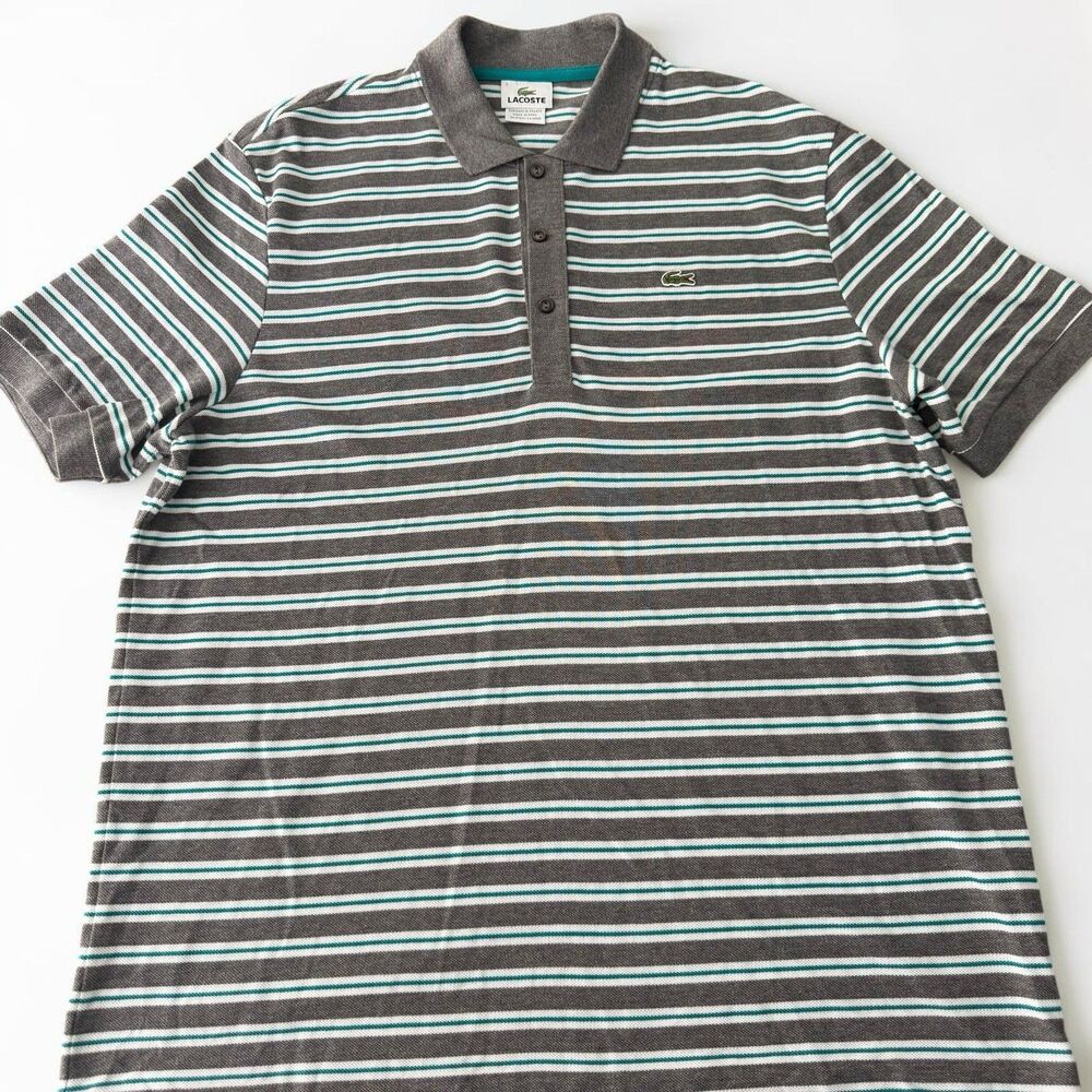VTG Lacoste Polo Shirt Mens 7 XL Gray Teal Golf Striped Pique Cotton Classic Fit